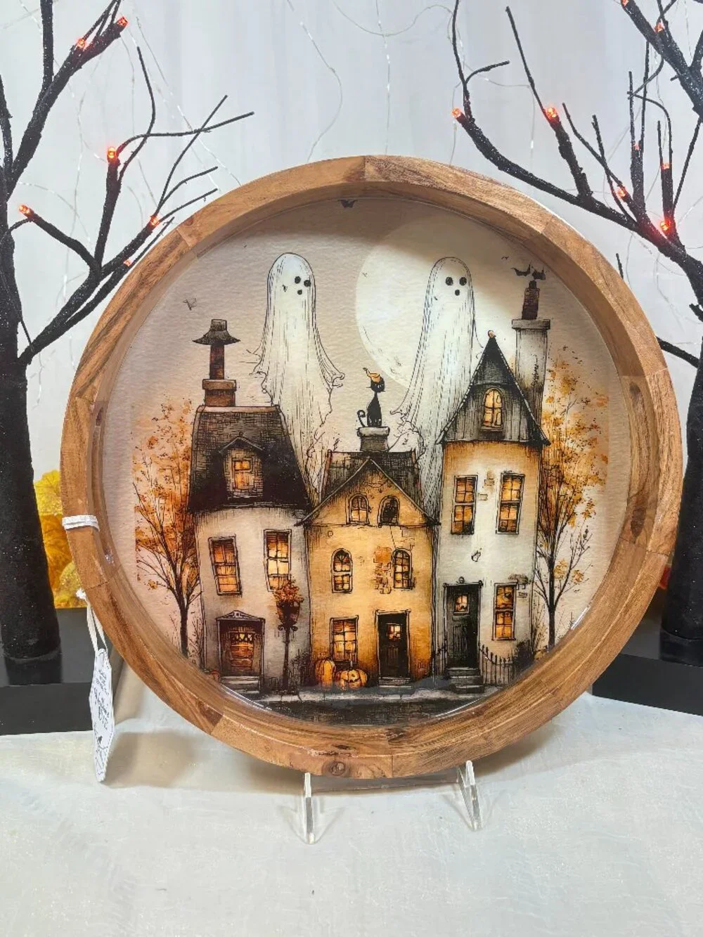 Acacia Wood Round Halloween Ghost & Haunted House 14” Handle Serving Tray